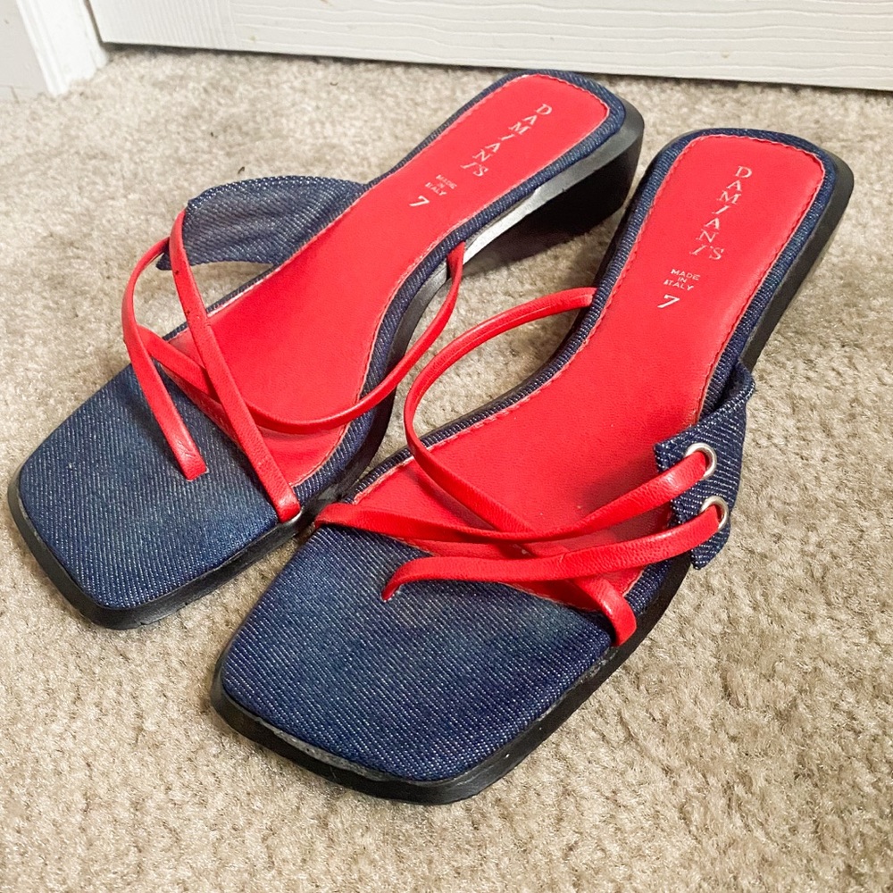 Damien’s 👖👠 Size 7 Vintage Wedge Sandal, Red Leather and Denim, Square Toe